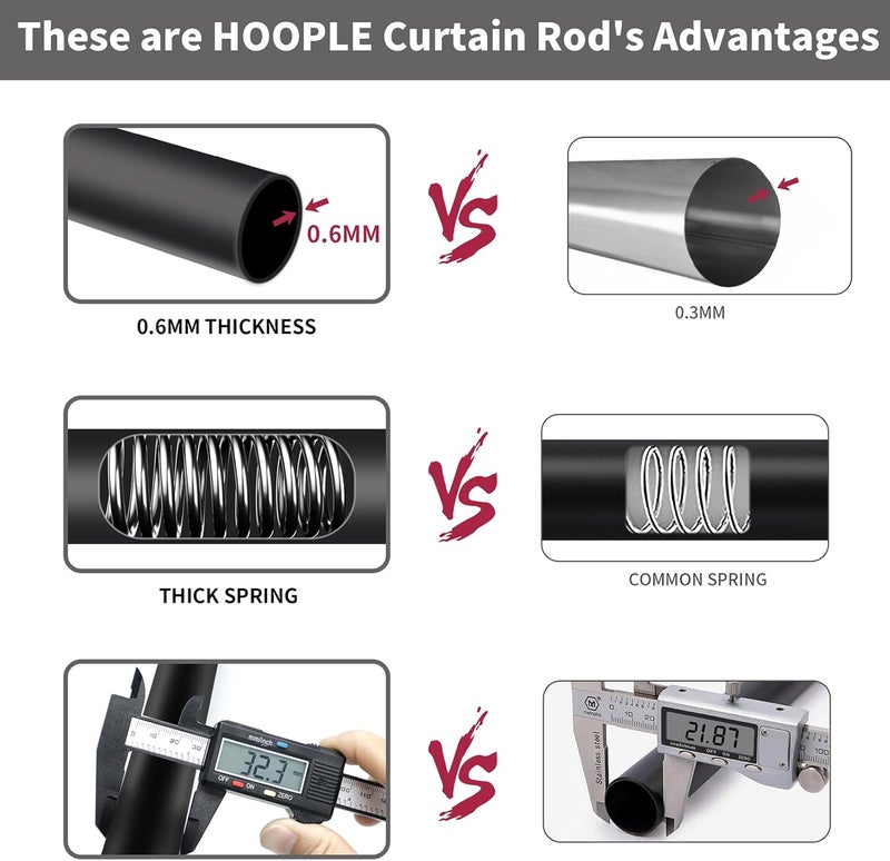 Hoople Heavy Duty Tension Curtain Rod 102-120 Inch, 1.27"Diameter No Drilling Adjustable Rod for Shower Windows Bathroom Bedroom Patio, Renter Friendly, Non-Slip Telescoping Design, Black - Image 4
